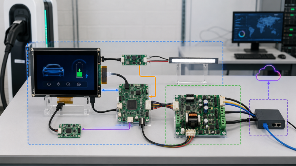 EV charging station HMI architecture with separate display, touch, charger control and backend paths