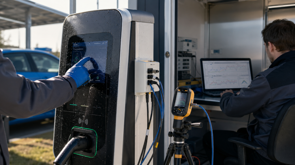 Outdoor EV charger touchscreen undergoing sunlight, water, glove and thermal validation