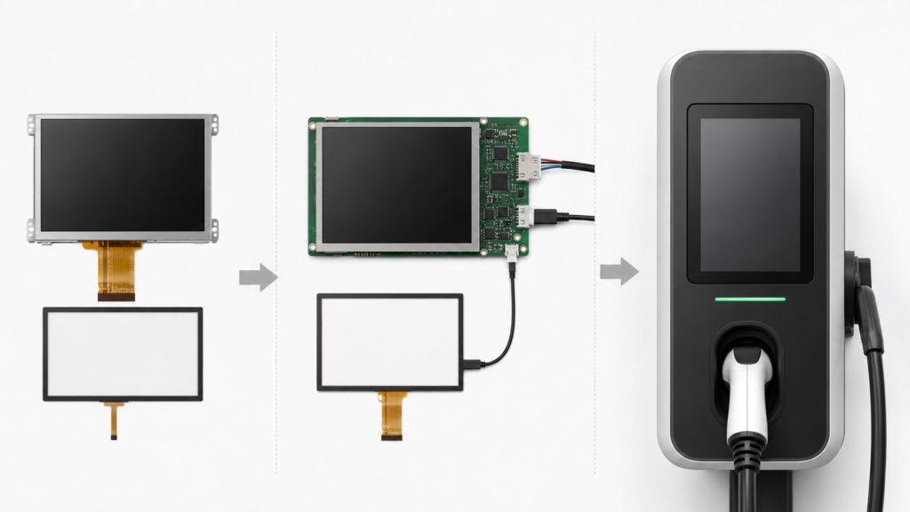 Comparison of a raw LCD module, controller-board display and complete EV charger HMI