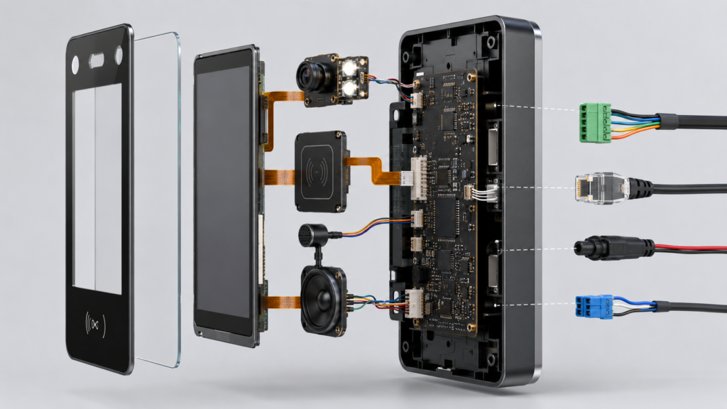 Exploded access control terminal with separate LCD, touch, camera, reader, audio and host board