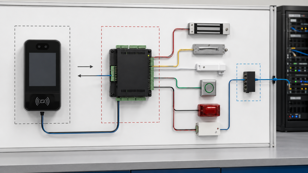 Access control HMI connected to a separate door controller, lock circuits and management server