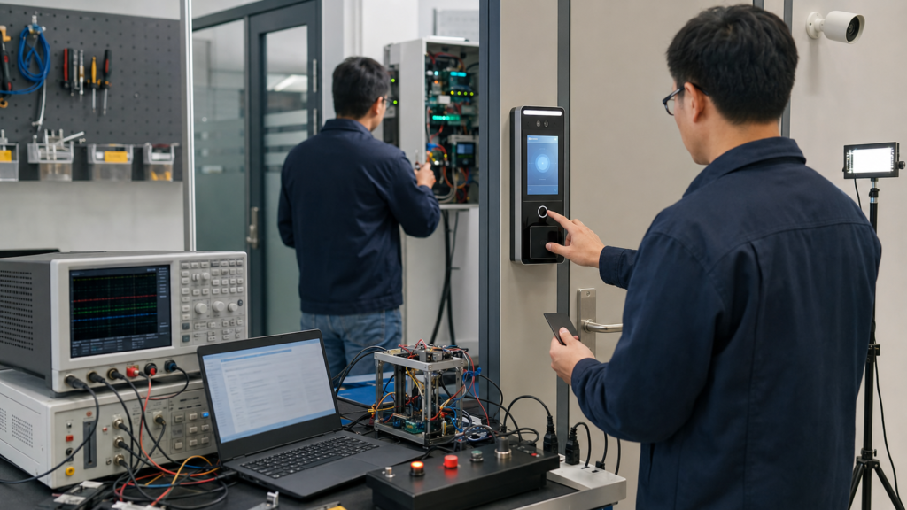 Engineers validating an access control terminal display, reader, touch and door-controller communication