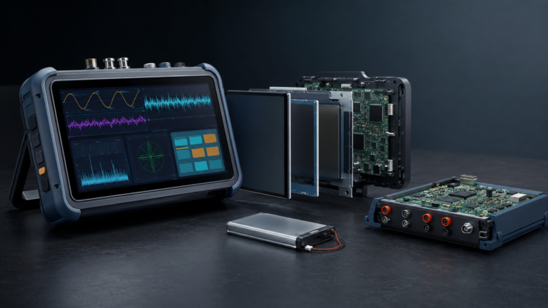 How to Select a TFT LCD for Handheld Test and Measurement Equipment 6 Exploded handheld test instrument showing a TFT LCD, processor board, battery, and separated measurement electronics