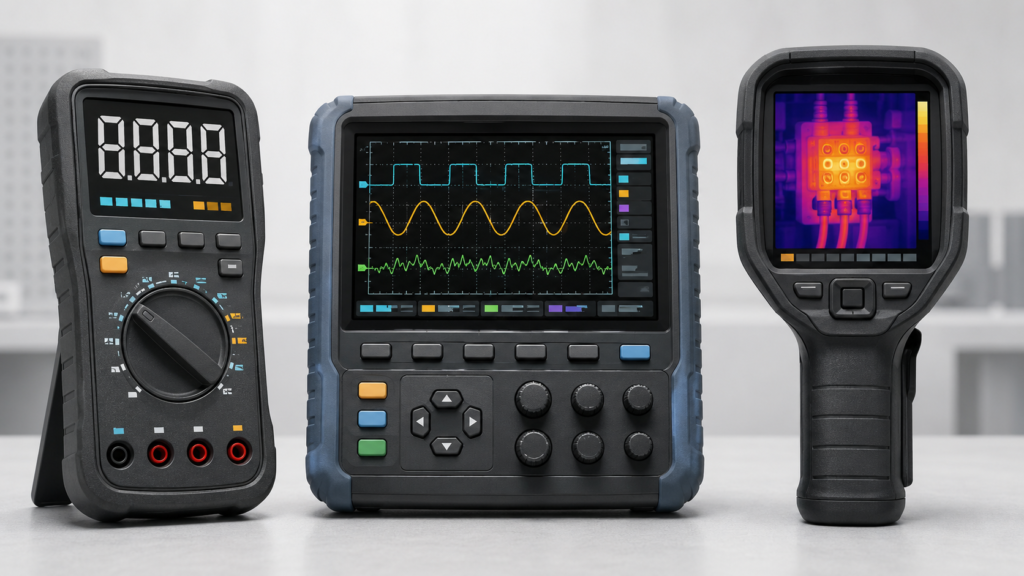 Comparison of TFT display content for a digital multimeter, handheld oscilloscope, and thermal imaging instrument