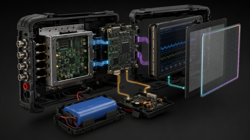 Exploded instrument architecture separating the analog measurement front end from the processor, TFT LCD, touch layer, and power section