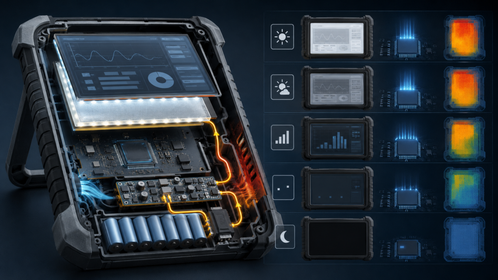 Cutaway handheld instrument illustrating TFT backlight, processor activity, battery power, sleep states, and thermal effects
