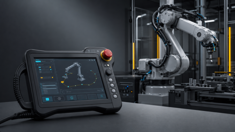 How to Select a TFT LCD for an Industrial Robot Teach Pendant 5 Industrial robot teach pendant with a TFT touchscreen, physical controls, cable, and robotic arm