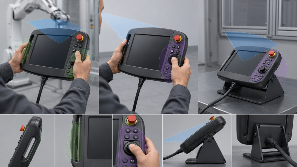 Robot teach pendant shown in handheld and stand-mounted positions with viewing-angle and control-reach zones