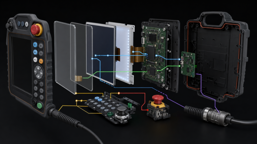 Exploded teach pendant separating the cover, touch sensor, TFT LCD, host board, physical controls, safety hardware, and cable