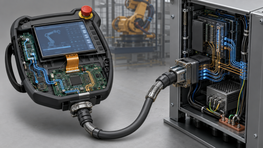 Robot teach pendant connected to a controller cabinet through an engineered cable while the internal host drives the TFT over a short FPC