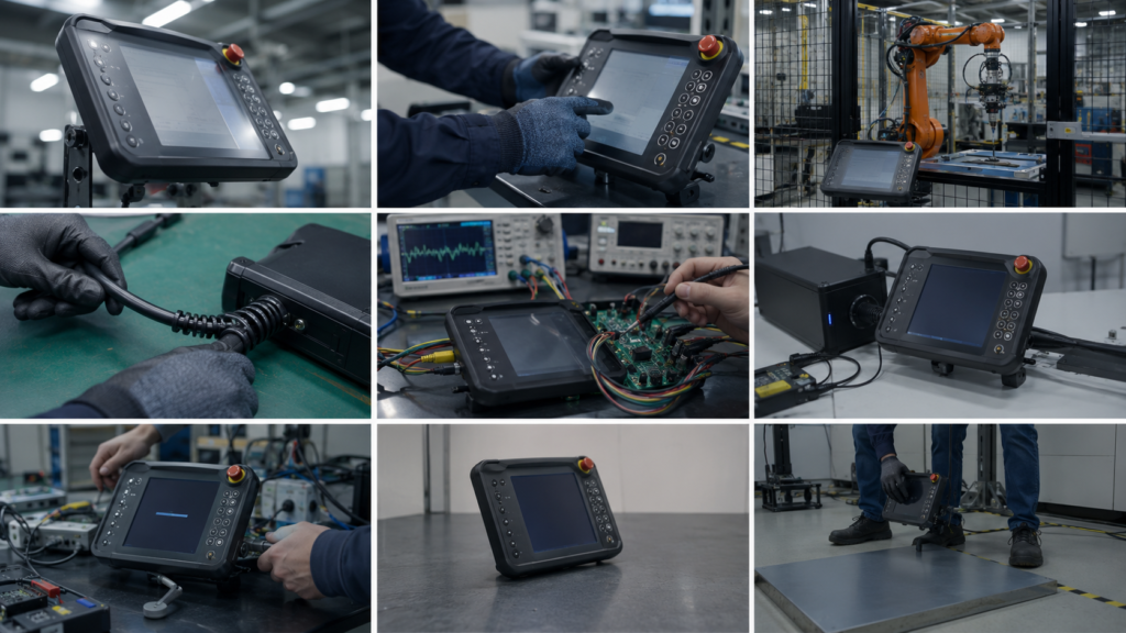 Industrial validation of a robot teach pendant for viewing angle, gloved input, cable flex, signal behavior, startup, and mechanical handling