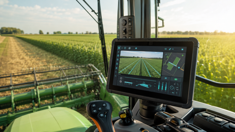 How to Select a TFT LCD for an Agricultural Machinery HMI 4 Agricultural machinery HMI with a TFT display showing field guidance and implement information inside a sunlit harvester cab