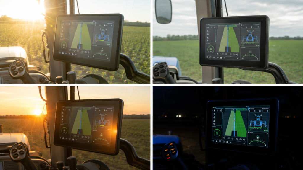 Agricultural TFT HMI compared under direct sunlight, overcast daylight, low-angle glare, and nighttime operation