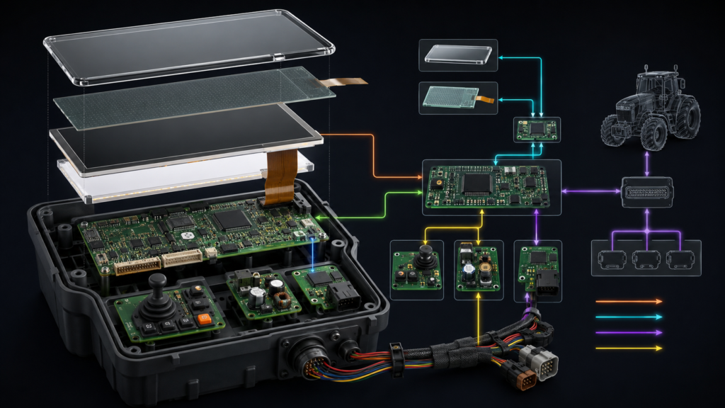 Exploded agricultural HMI separating the TFT LCD, touch layer, host board, controls, power circuits, vehicle transceiver, and wiring harness