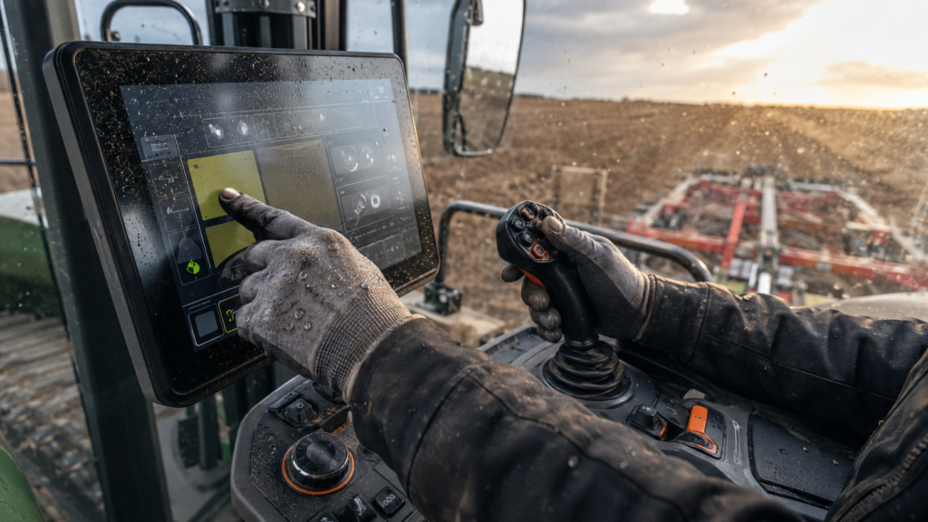 Gloved agricultural equipment operator using a TFT touchscreen and physical joystick in dusty and damp field conditions