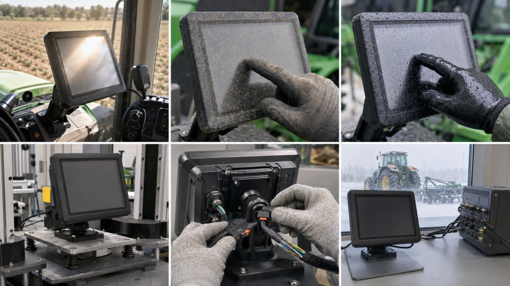 Agricultural HMI undergoing glare, dusty and wet glove, vibration, connector, cold-start, and communication validation