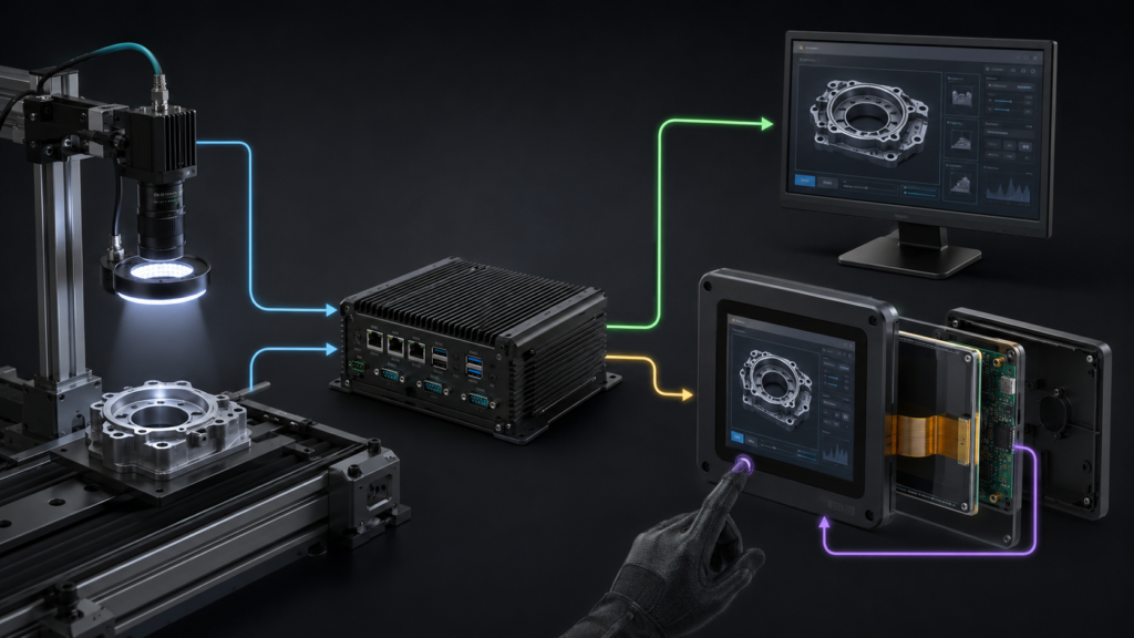 Machine vision architecture separating camera acquisition, vision computer, external review monitor, TFT HMI, and touch input
