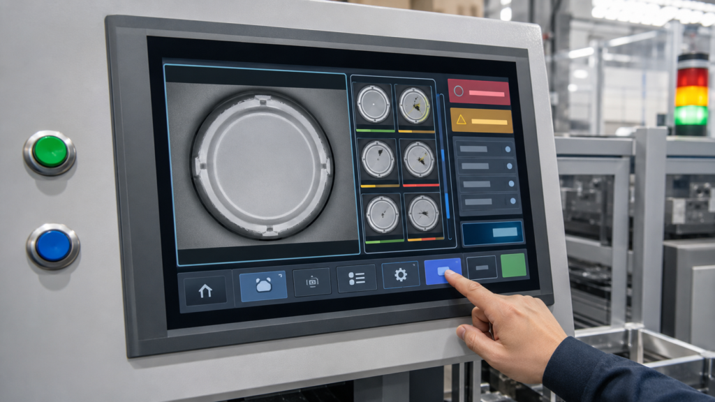 Industrial inspection HMI showing a large part image, thumbnail review areas, status zones, and operator controls