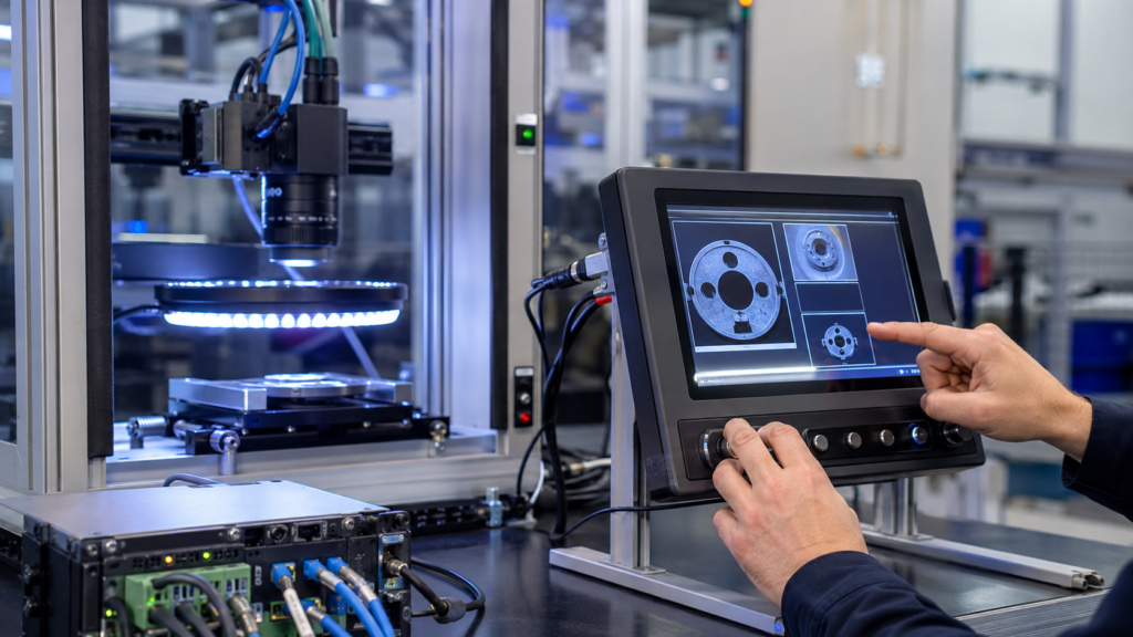 Machine vision inspection HMI operating beside camera, lighting, industrial computer, connectors, and production-line equipment