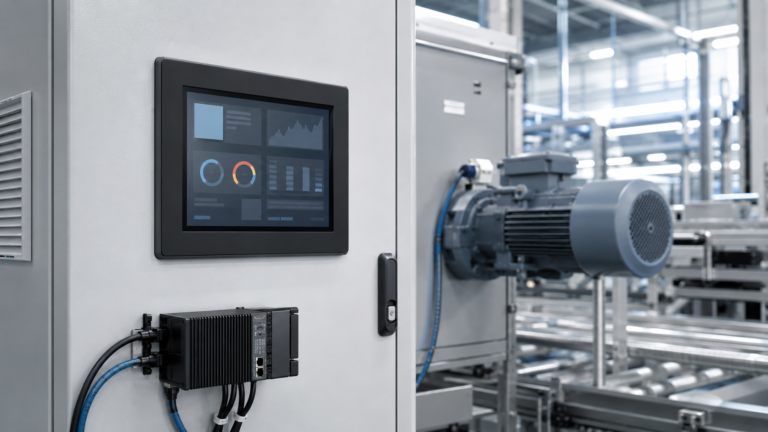 How to Select a TFT LCD for an Industrial VFD Control Panel HMI 2 Industrial VFD control cabinet with a flush-mounted TFT HMI and motor