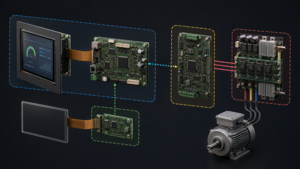 Separated display, touch, HMI host, drive-control board, power stage, and motor in a VFD system