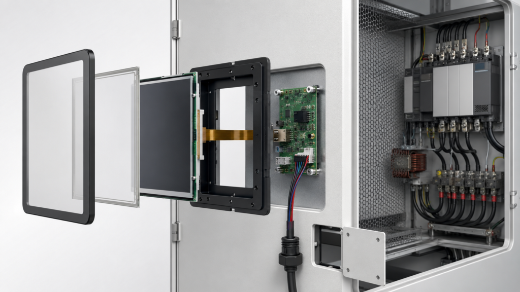 Exploded industrial TFT touchscreen assembly installed in a motor-drive cabinet door