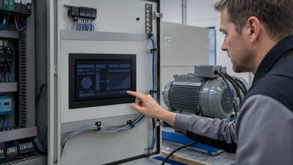 Engineer reviewing a TFT HMI installed in a motor-drive control cabinet during commissioning
