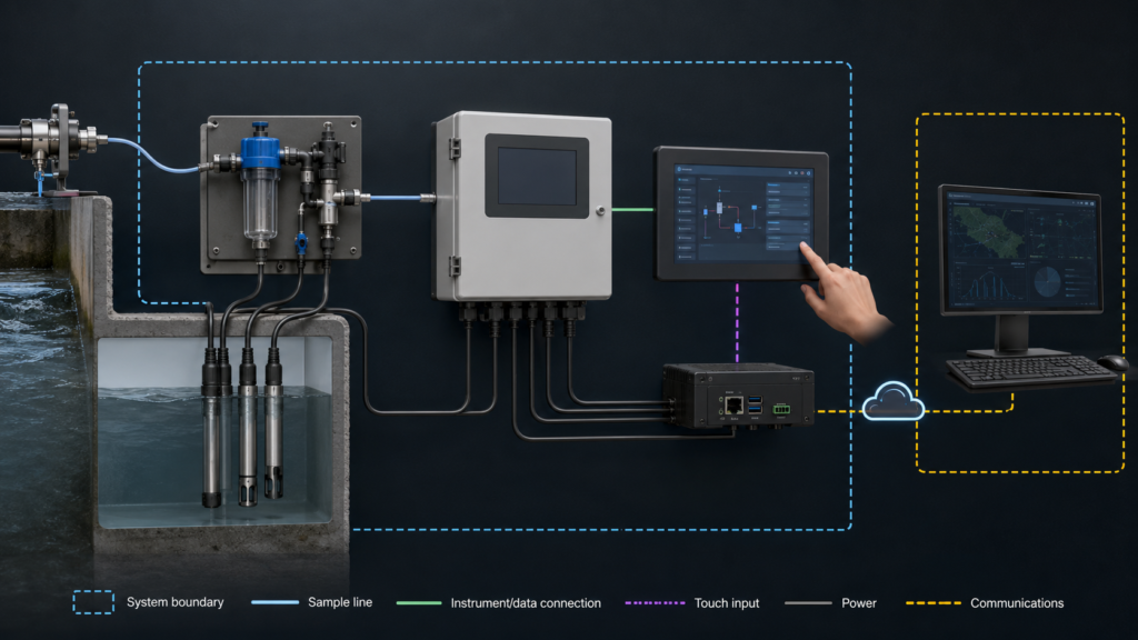 Water quality sensor, analyzer enclosure, TFT HMI, touch input, and remote workstation shown as separate layers