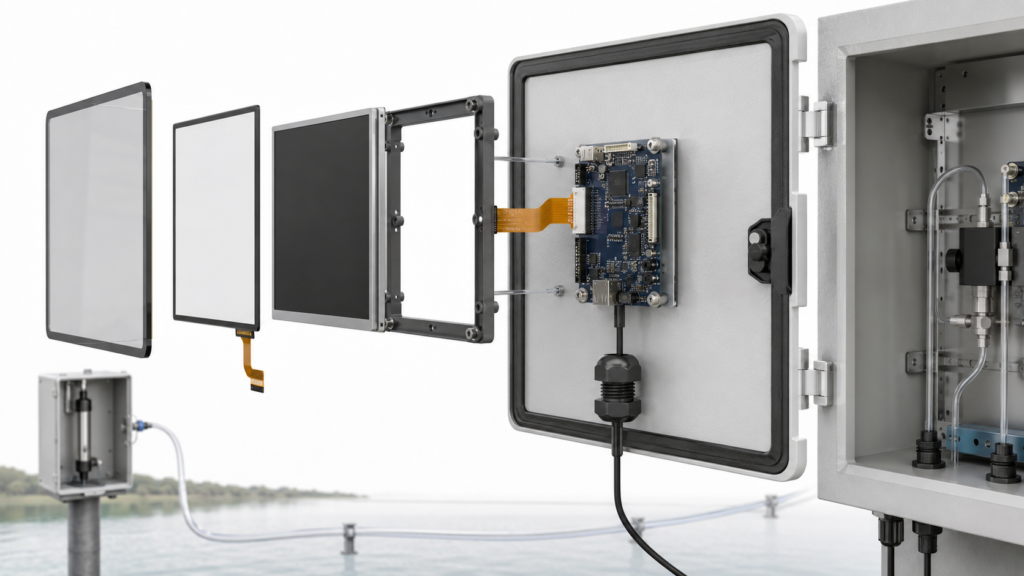 Exploded TFT touchscreen and HMI board integration in an online water-monitoring enclosure door