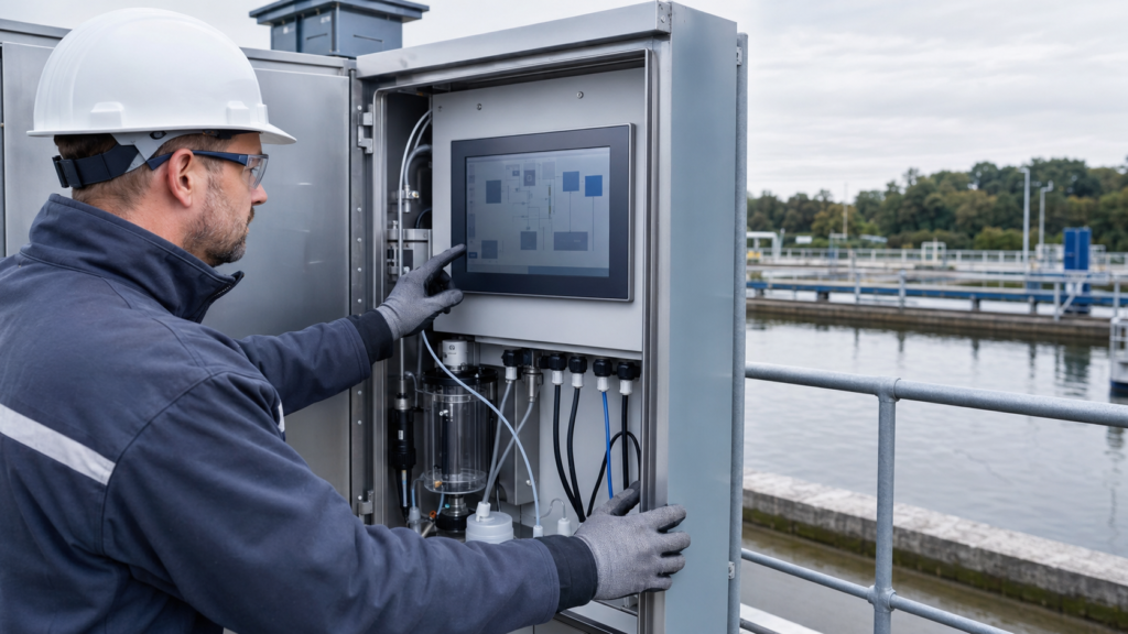 Engineer commissioning a local TFT HMI in an outdoor water quality monitoring station