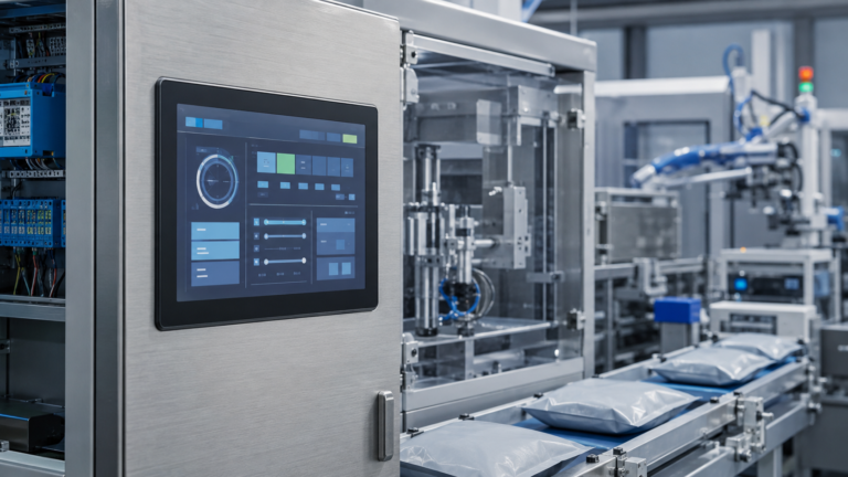 Industrial packaging machine with flush-mounted TFT HMI and unbranded packages