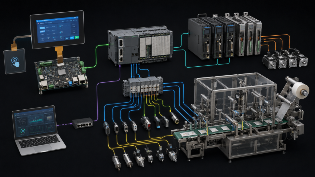 Packaging machine system showing separate TFT HMI, PLC, motion hardware, sensors, actuators, and remote workstation