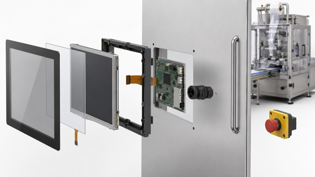 Exploded TFT touchscreen, touch sensor, HMI board, and machine-door assembly for packaging equipment