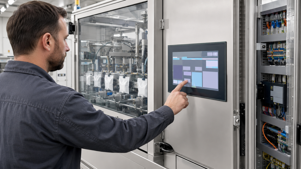 Engineer testing a packaging machine touchscreen HMI during a product changeover workflow