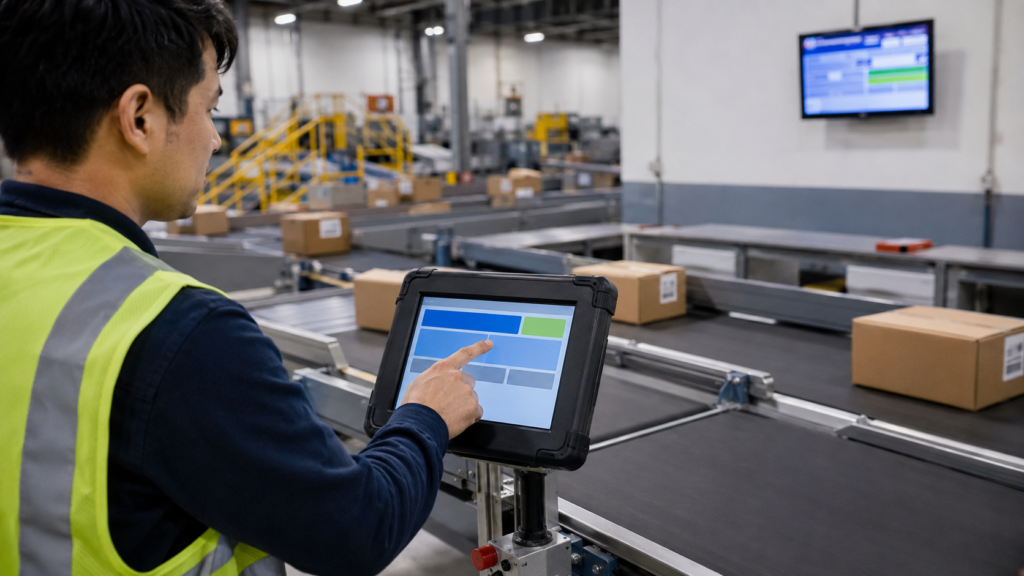 Operator using a local TFT HMI beside a warehouse sortation conveyor
