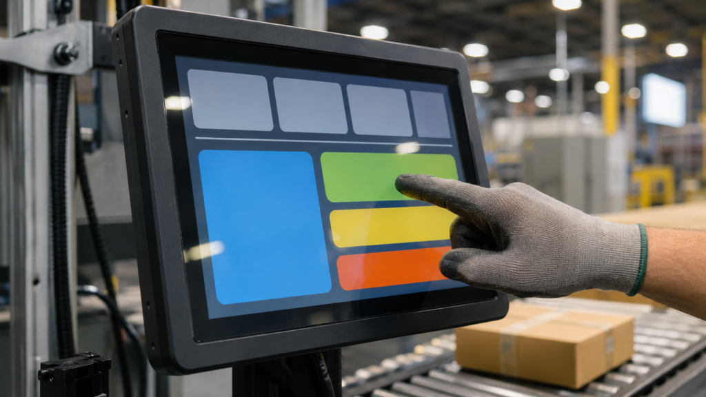 Gloved operator using a TFT HMI at a warehouse sortation station