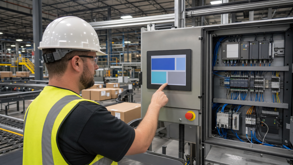 Engineer validating a warehouse sortation HMI beside an open control cabinet