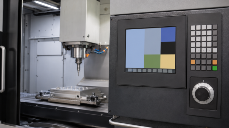 CNC machining center with a TFT operator panel, keypad, and handwheel