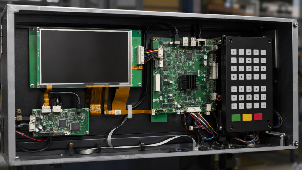 Internal CNC operator panel showing separate display touch and keypad assemblies
