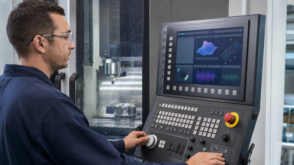 Machinist using a CNC operator panel with separate touchscreen keypad and handwheel
