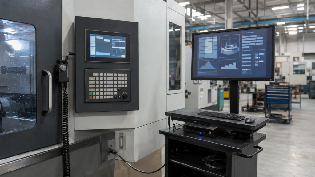 Embedded CNC operator display and separate external engineering monitor
