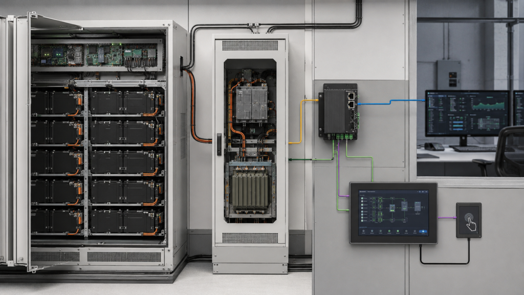 Battery energy storage architecture separating battery racks, BMS, PCS, site controller, SCADA, and local TFT HMI