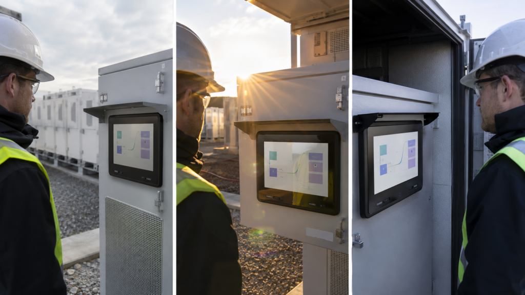 Battery energy storage architecture separating battery racks, BMS, PCS, site controller, SCADA, and local TFT HMI