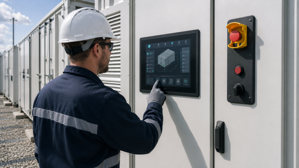 Field technician using a BESS touchscreen HMI beside separate physical emergency controls