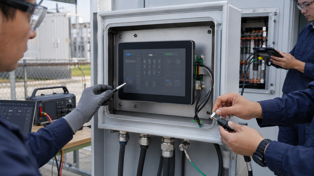 Production-intent BESS TFT HMI undergoing optical, touch, cable, enclosure, and communication validation