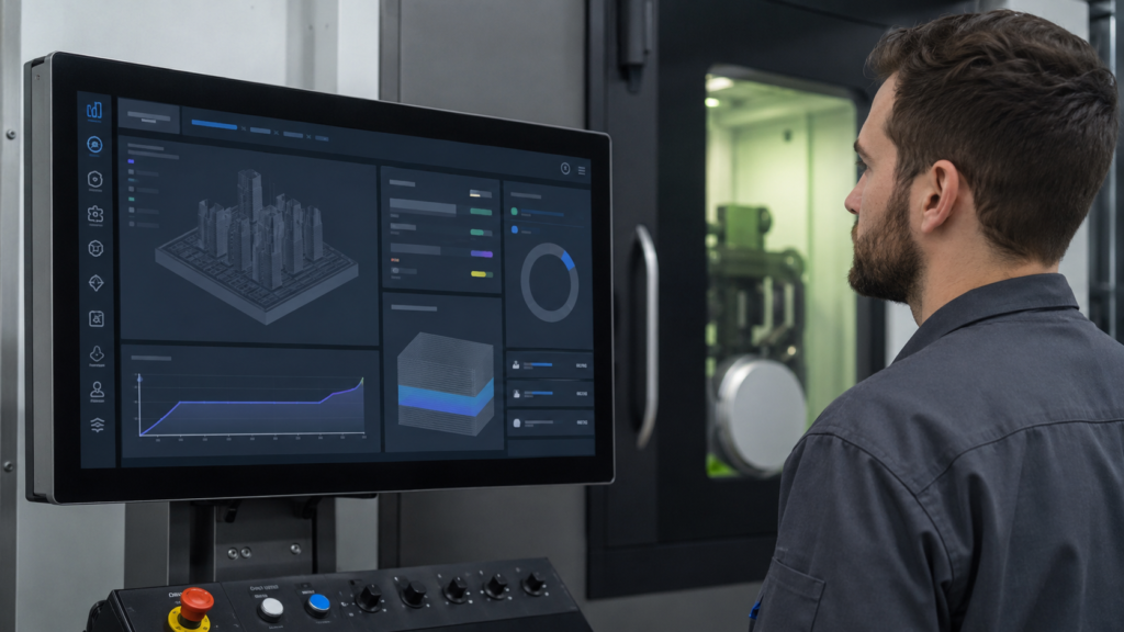 Additive manufacturing machine architecture separating sensors, machine controls, TFT HMI, touch input, and engineering workstation