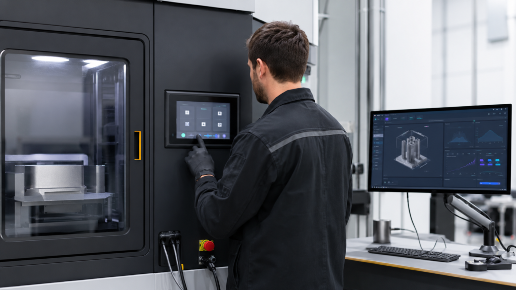 Additive manufacturing machine architecture separating sensors, machine controls, TFT HMI, touch input, and engineering workstation