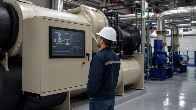 Industrial water chiller with an embedded TFT operator HMI in a mechanical plant room