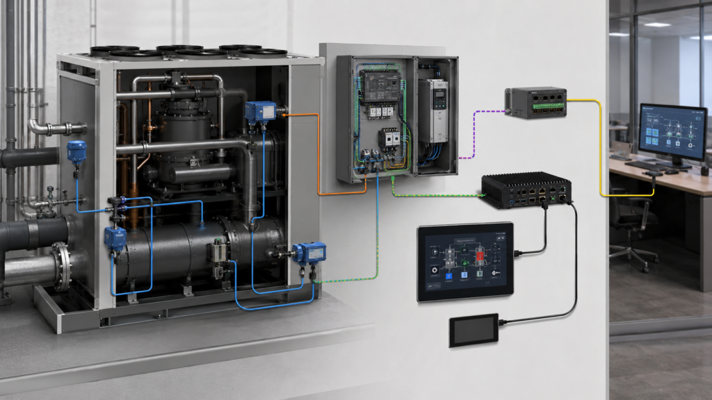 How to Select a TFT LCD for an Industrial Chiller HMI 2 Chiller HMI architecture separating sensors, unit controller, drive, display host, touch, network gateway, and BAS workstation