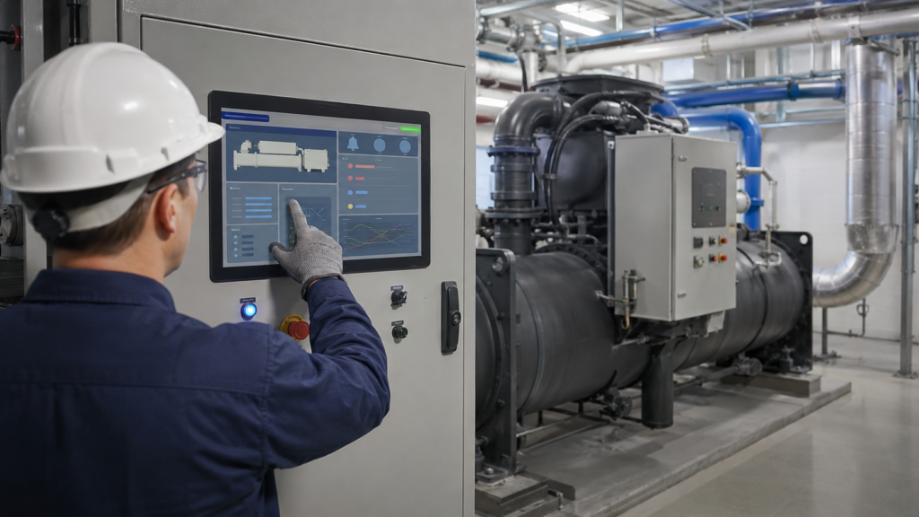 How to Select a TFT LCD for an Industrial Chiller HMI 1 Service engineer using a chiller TFT HMI with equipment status, alarm, and maintenance areas
